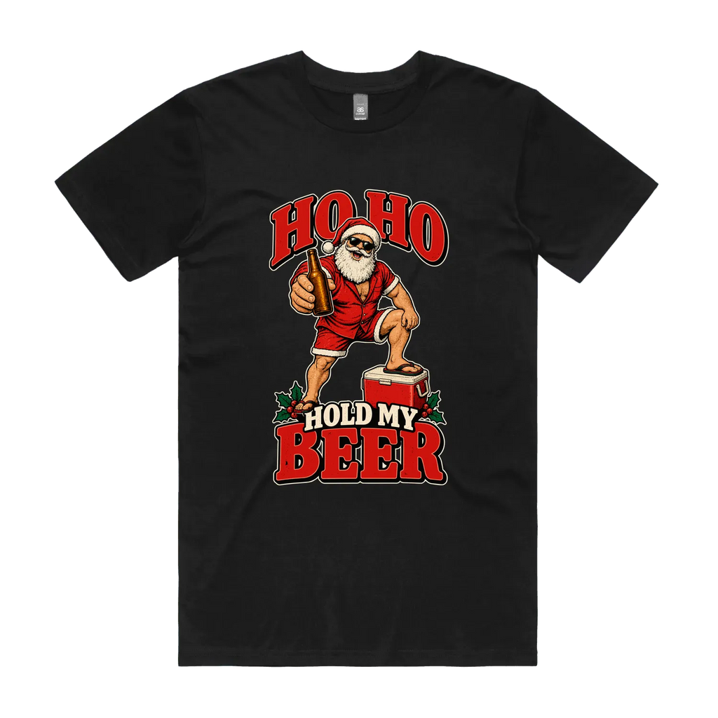 HO HO Hold My Beer — Men’s Tee in black, front product flatlay