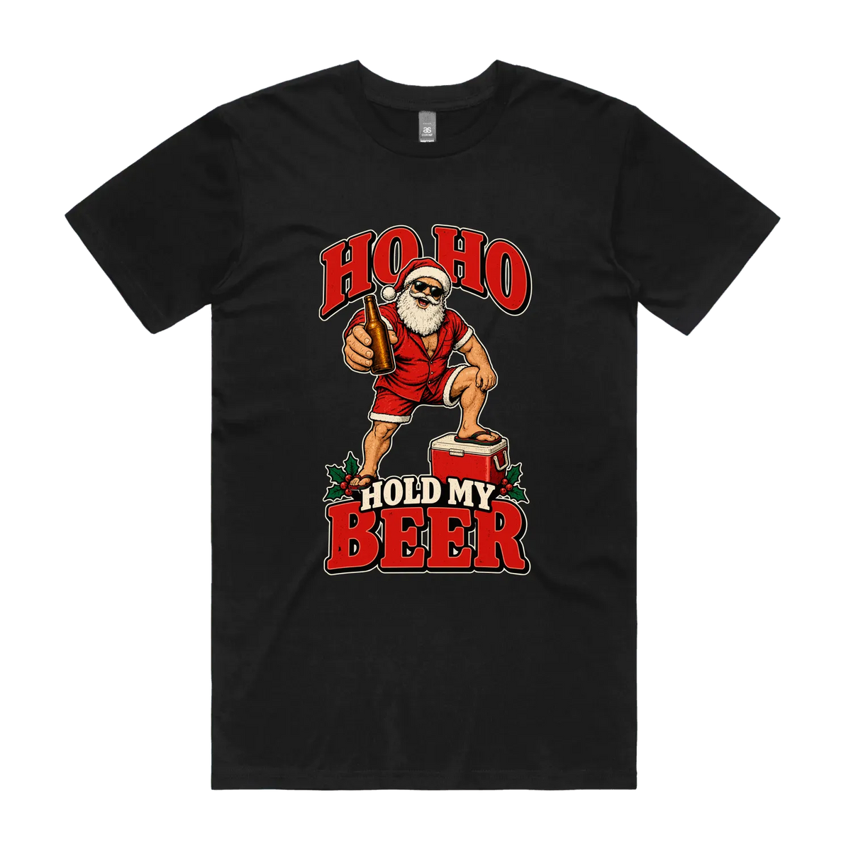 HO HO Hold My Beer — Men’s Tee in black, front product flatlay