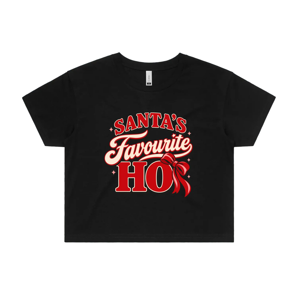 Santa’s Favourite Ho — Women’s Crop Tee in black, front product flatlay