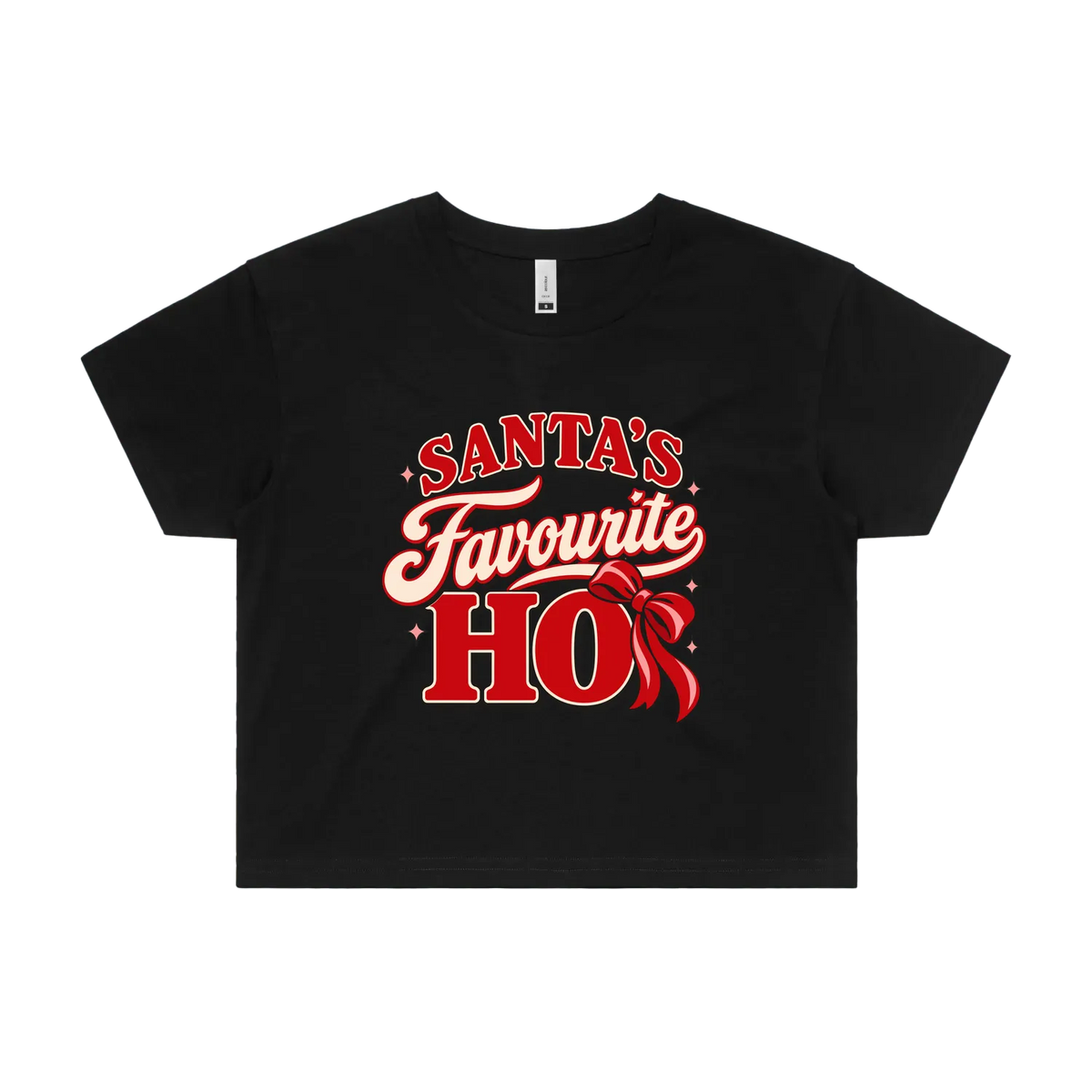 Santa’s Favourite Ho — Women’s Crop Tee in black, front product flatlay