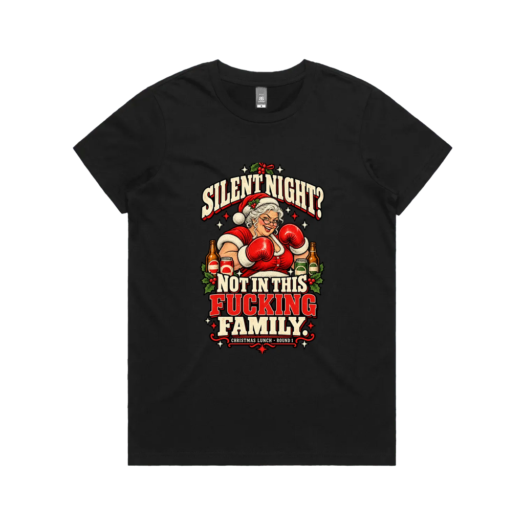 Silent Night — Mrs Claus — Women’s Tee in black, front product flatlay