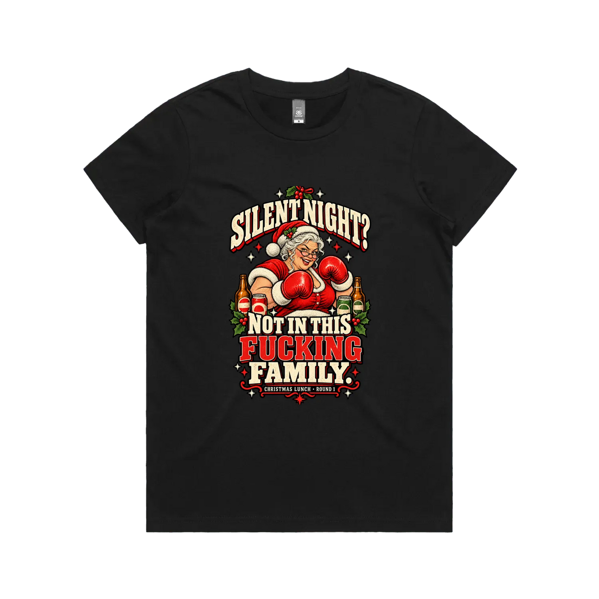 Silent Night — Mrs Claus — Women’s Tee in black, front product flatlay