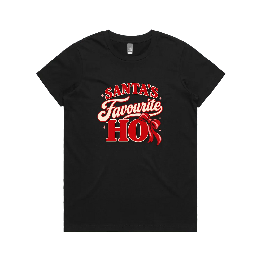 Santa’s Favourite Ho — Women’s Maple Tee in black, front product flatlay