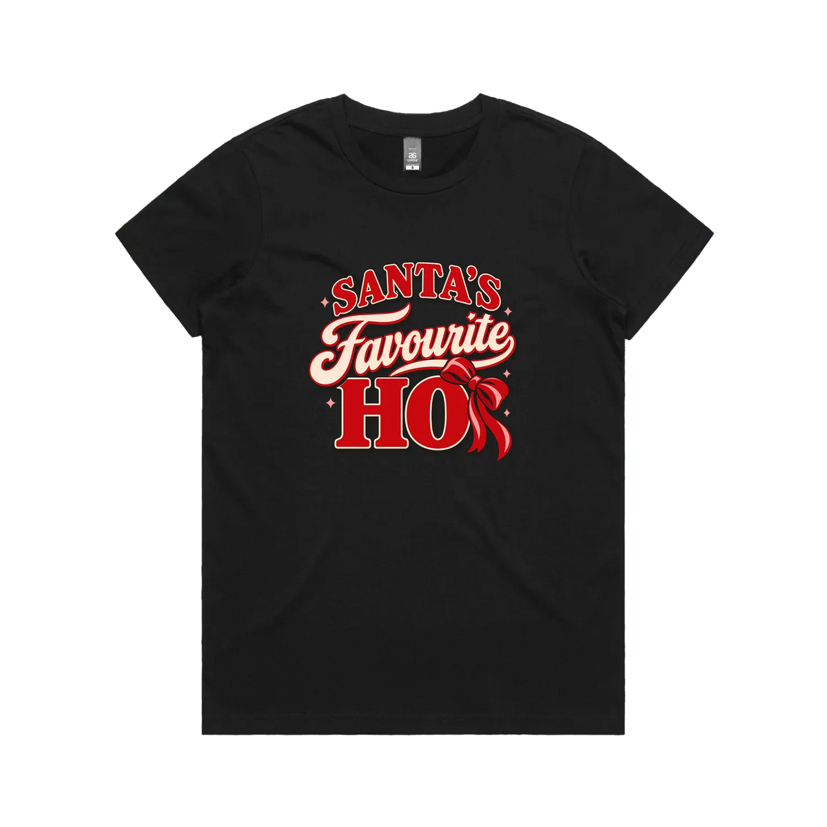 Santa’s Favourite Ho — Women’s Maple Tee in black, front product flatlay