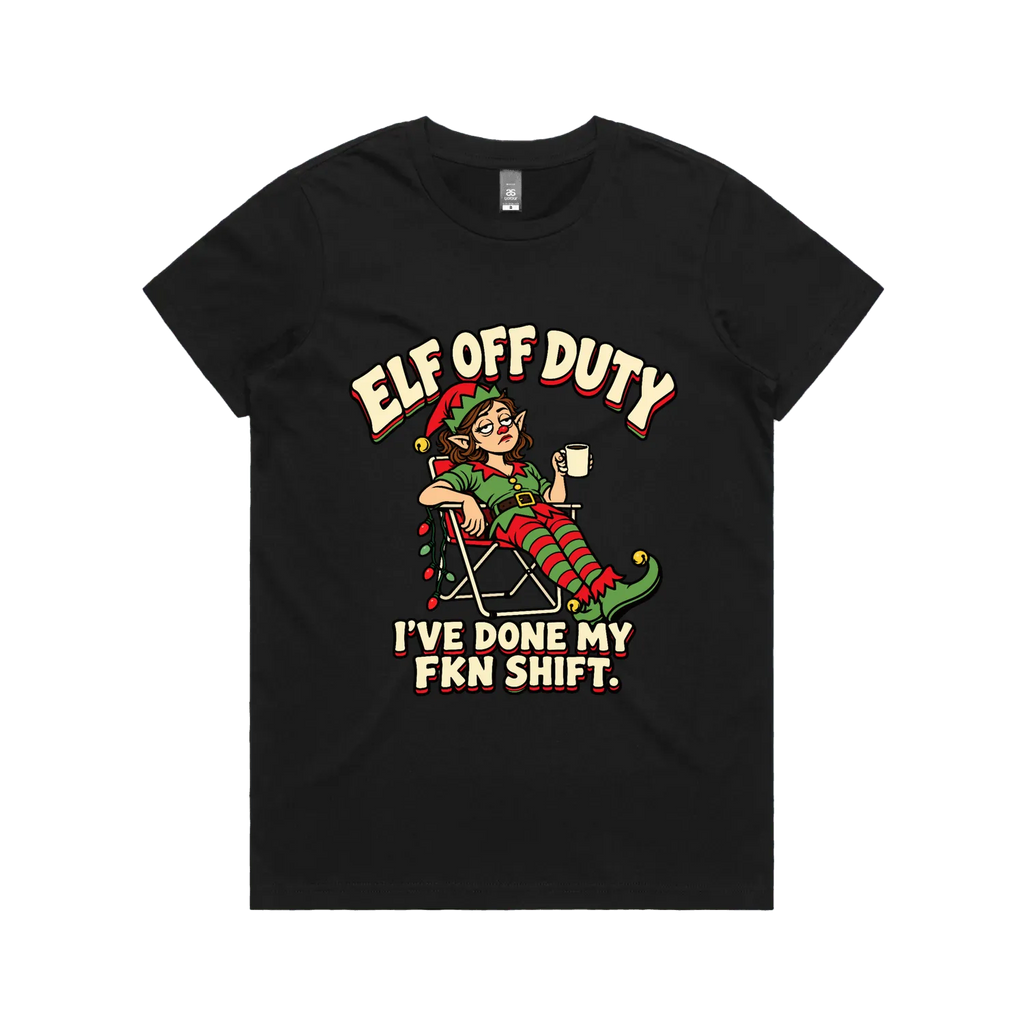 Elf Off Duty — Women's Maple Tee in black, front product flatlay