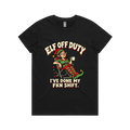 Elf Off Duty — Women's Maple Tee in black, front product flatlay