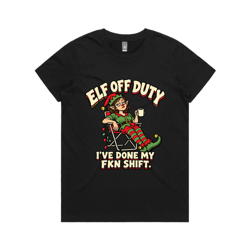 Elf Off Duty — Women's Maple Tee in black, front product flatlay