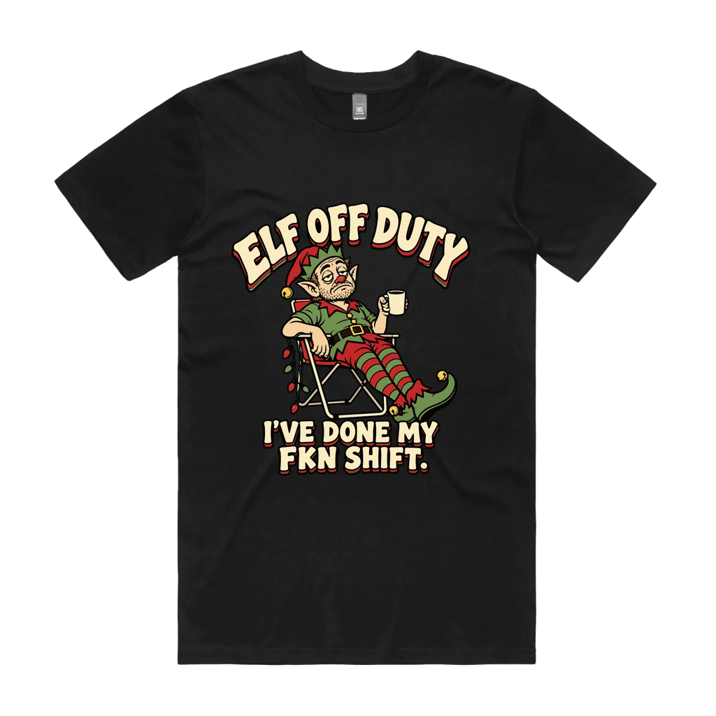 Elf Off Duty — Men's Staple Tee in black, front product flatlay