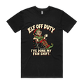 Elf Off Duty — Men's Staple Tee in black, front product flatlay