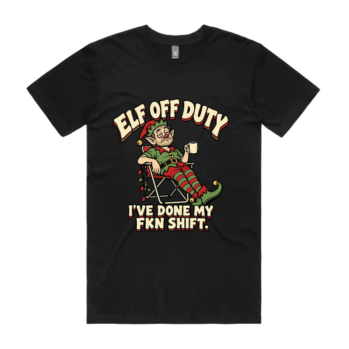 Elf Off Duty — Men's Staple Tee in black, front product flatlay