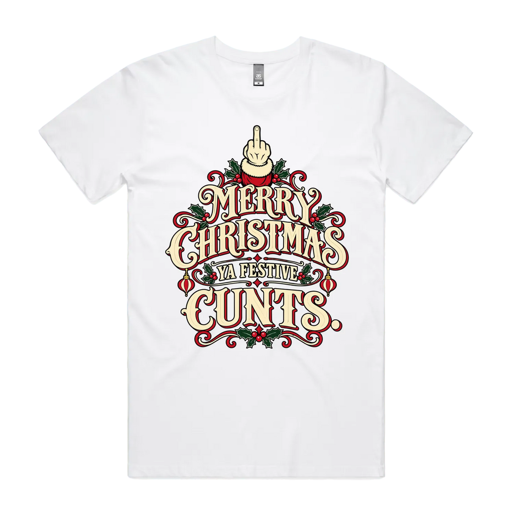 Merry Christmas, Ya Festive Cunts — Men's Staple Tee in white, front product flatlay