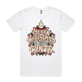 Merry Christmas, Ya Festive Cunts — Men's Staple Tee in white, front product flatlay