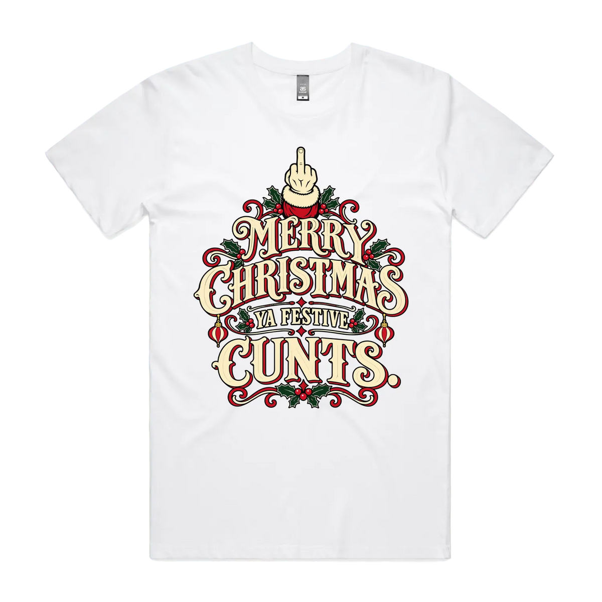 Merry Christmas, Ya Festive Cunts — Men's Staple Tee in white, front product flatlay