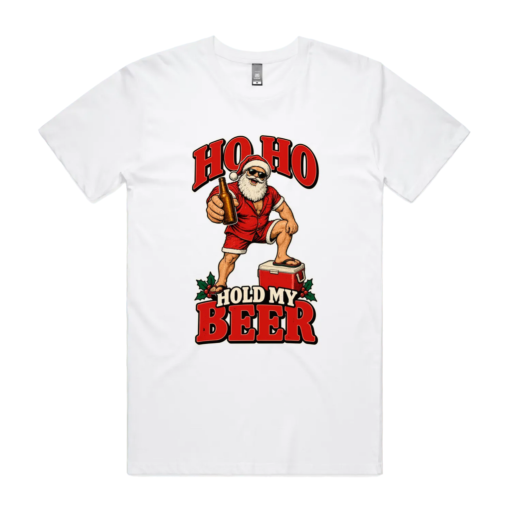 HO HO Hold My Beer — Men’s Tee in white, front product flatlay