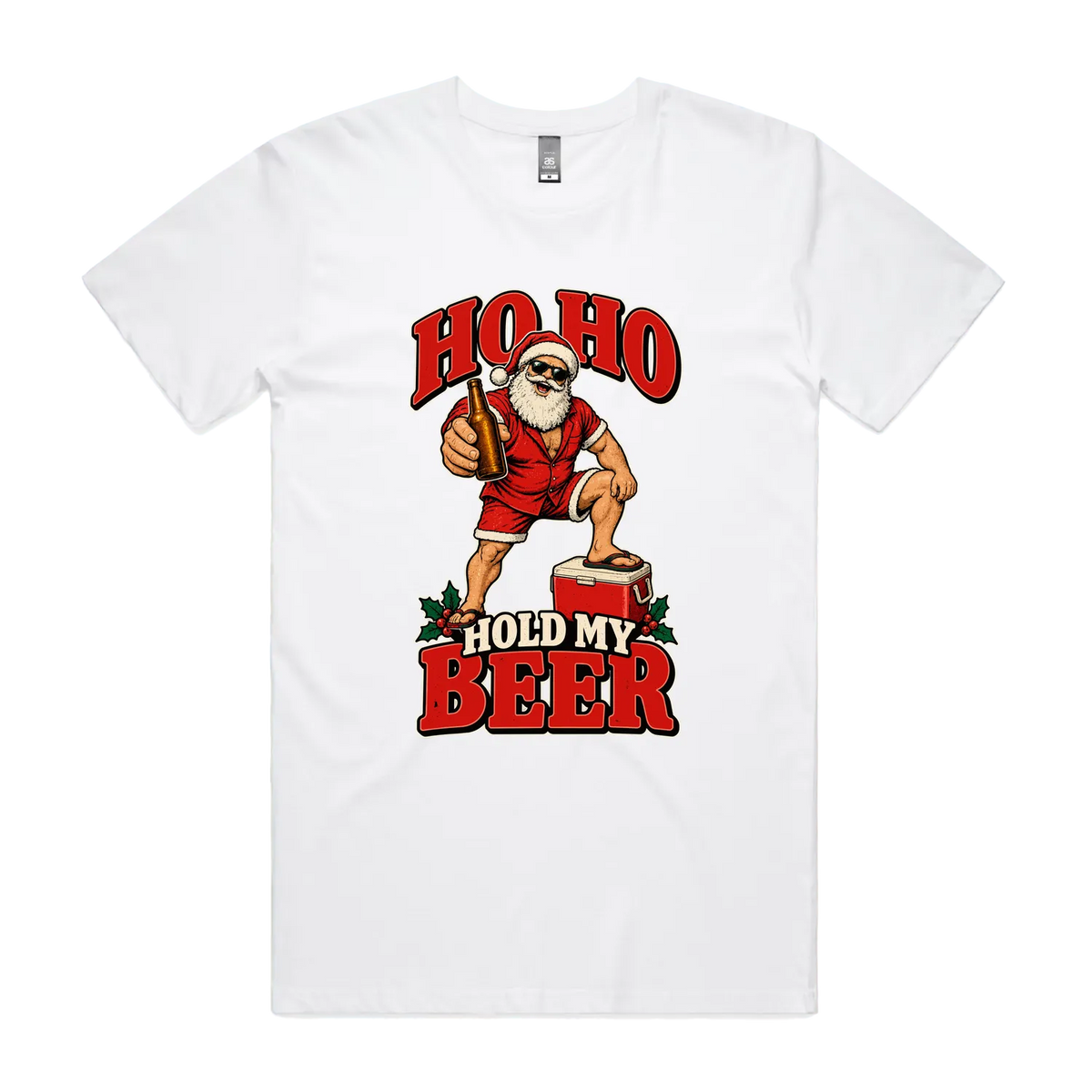 HO HO Hold My Beer — Men’s Tee in white, front product flatlay