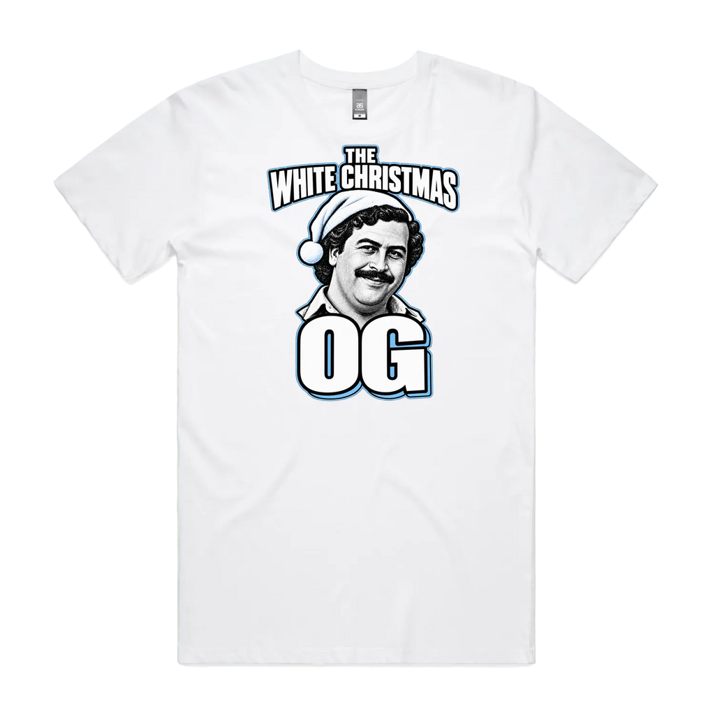 The White Christmas OG artwork on a white men's AS Colour Staple 5001 T-shirt — Print Bar front product view