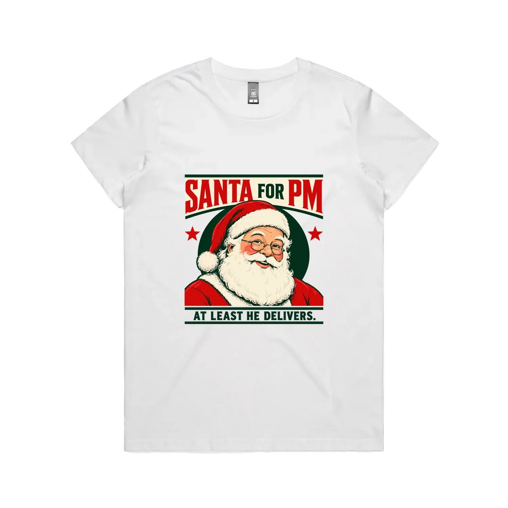 Santa for PM — Women's Maple Tee in white, front product flatlay