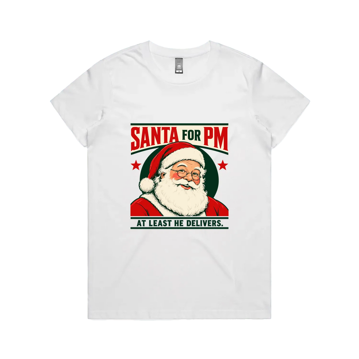Santa for PM — Women's Maple Tee in white, front product flatlay