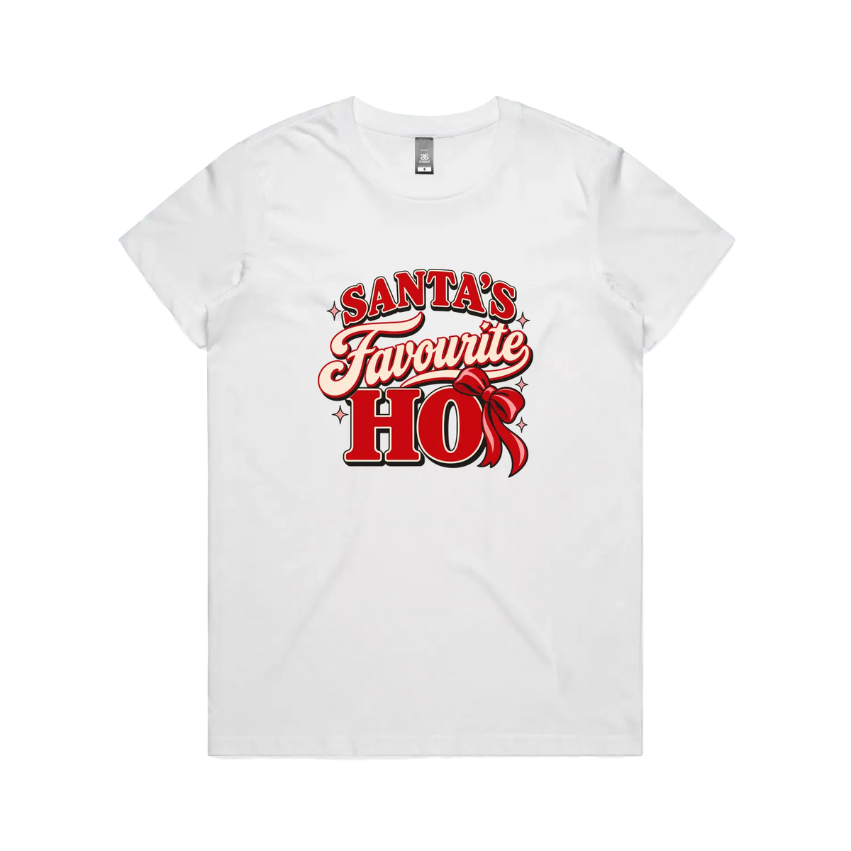 Santa’s Favourite Ho — Women’s Maple Tee in white, front product flatlay