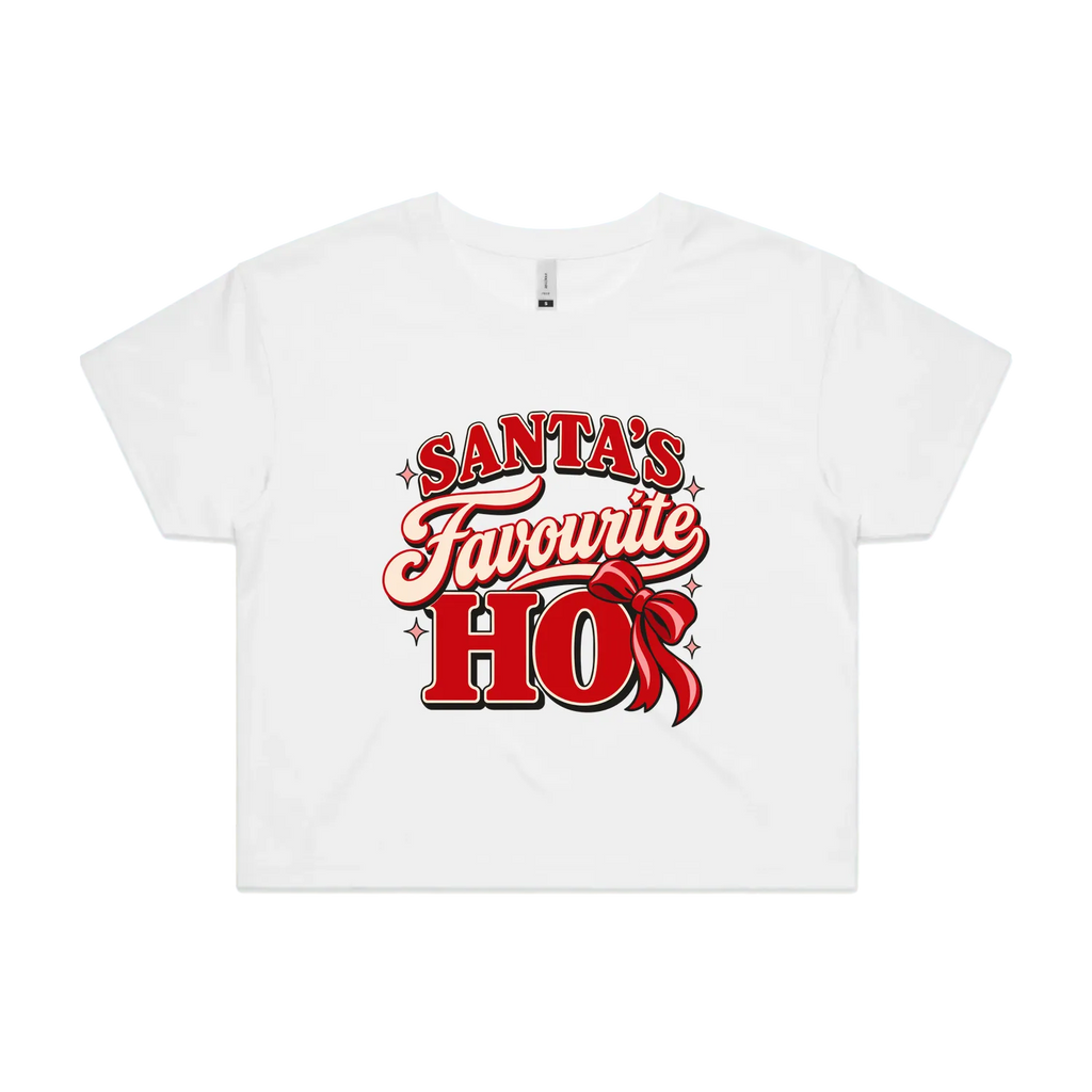 Santa’s Favourite Ho — Women’s Crop Tee in white, front product flatlay