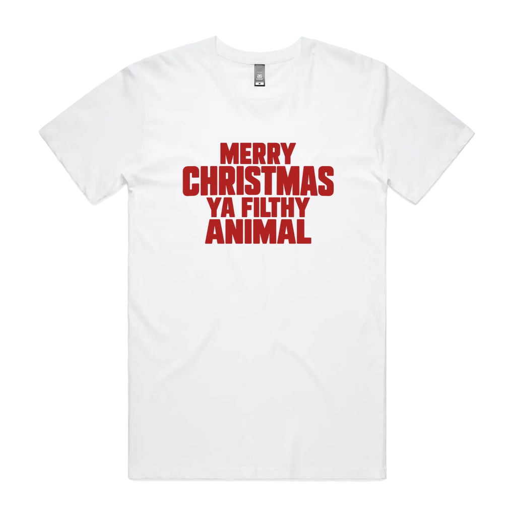 Merry Christmas Ya Filthy Animal men's white AS Colour Staple 5001 T-shirt — Print Bar front flatlay with red block lettering.