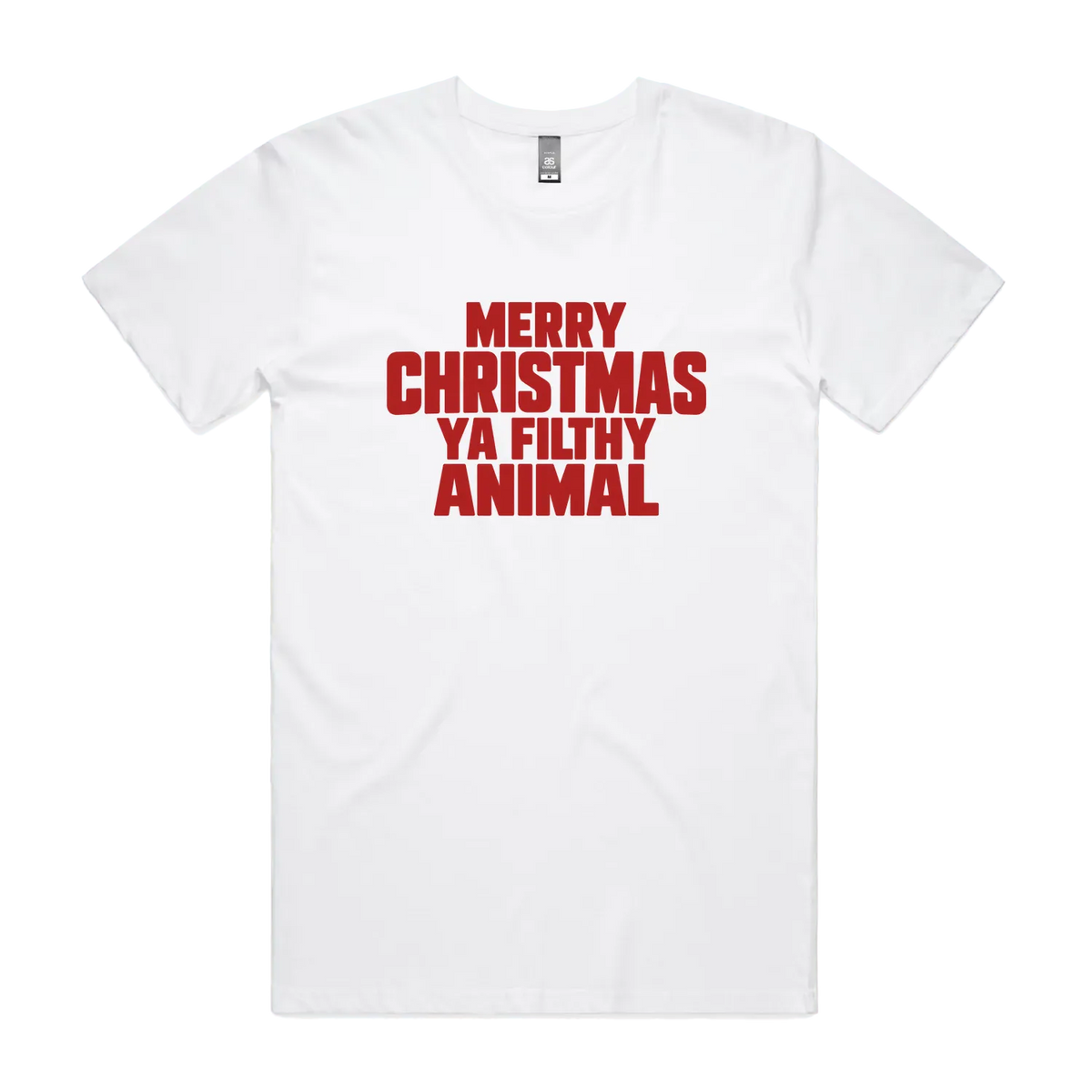 Merry Christmas Ya Filthy Animal men's white AS Colour Staple 5001 T-shirt — Print Bar front flatlay with red block lettering.