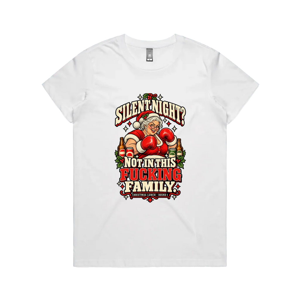 Silent Night — Mrs Claus — Women’s Tee in white, front product flatlay