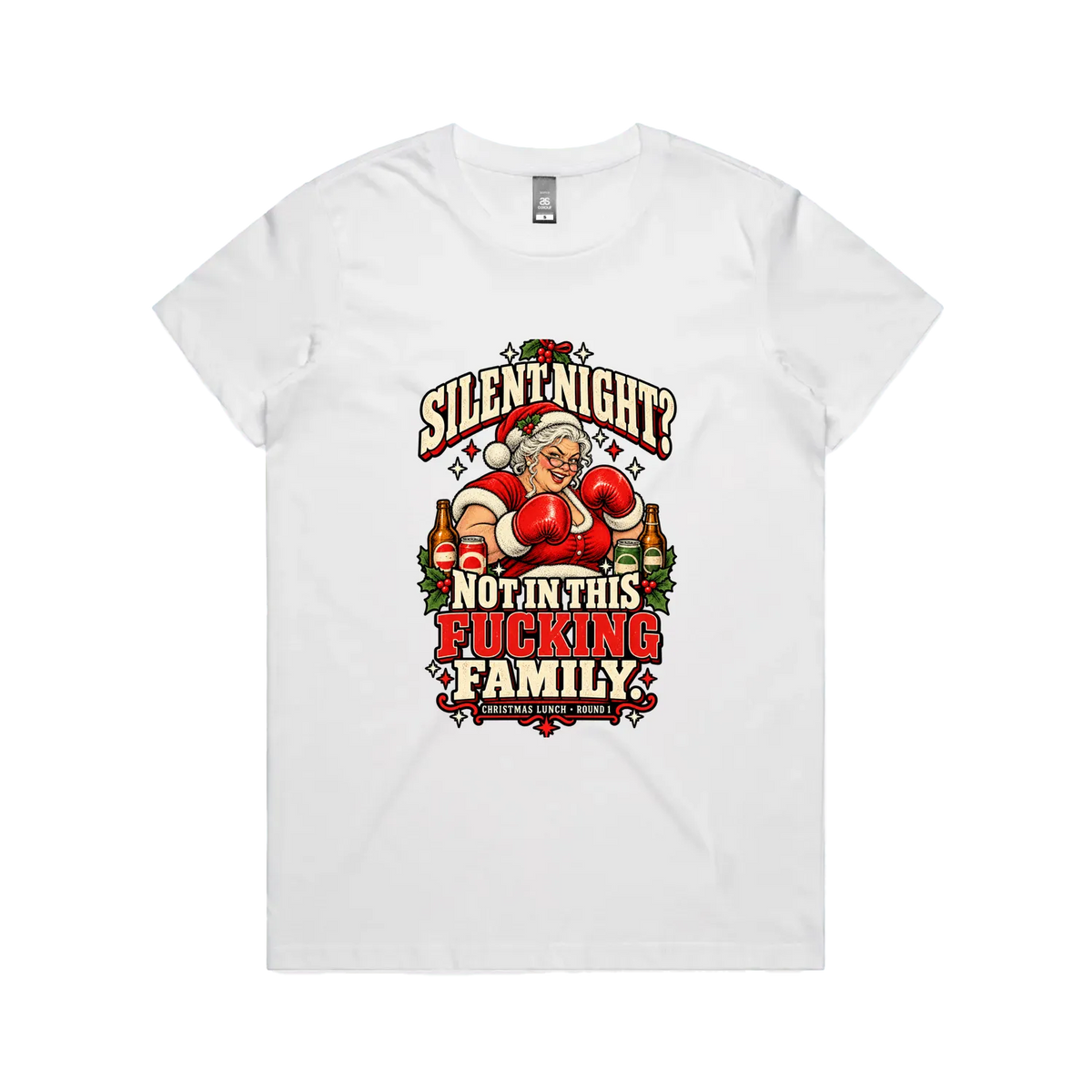 Silent Night — Mrs Claus — Women’s Tee in white, front product flatlay