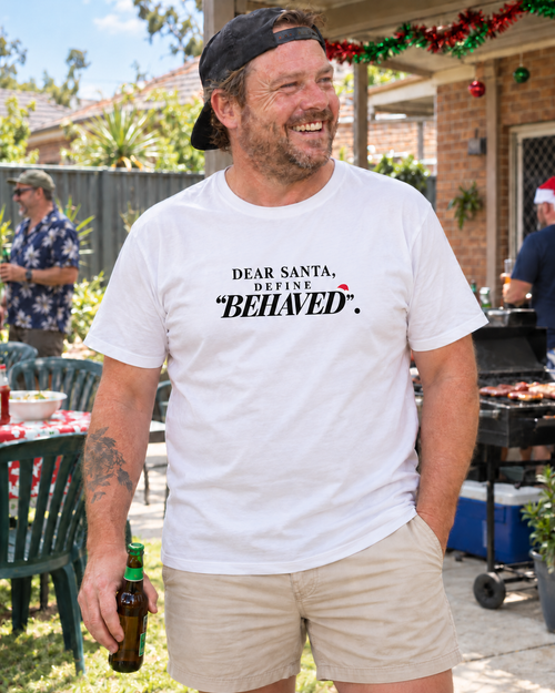 define behaved mens white at an Australian Christmas BBQ — AI-generated styling mockup