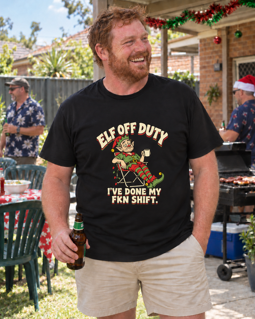 elf off duty mens black at an Australian Christmas BBQ — AI-generated styling mockup