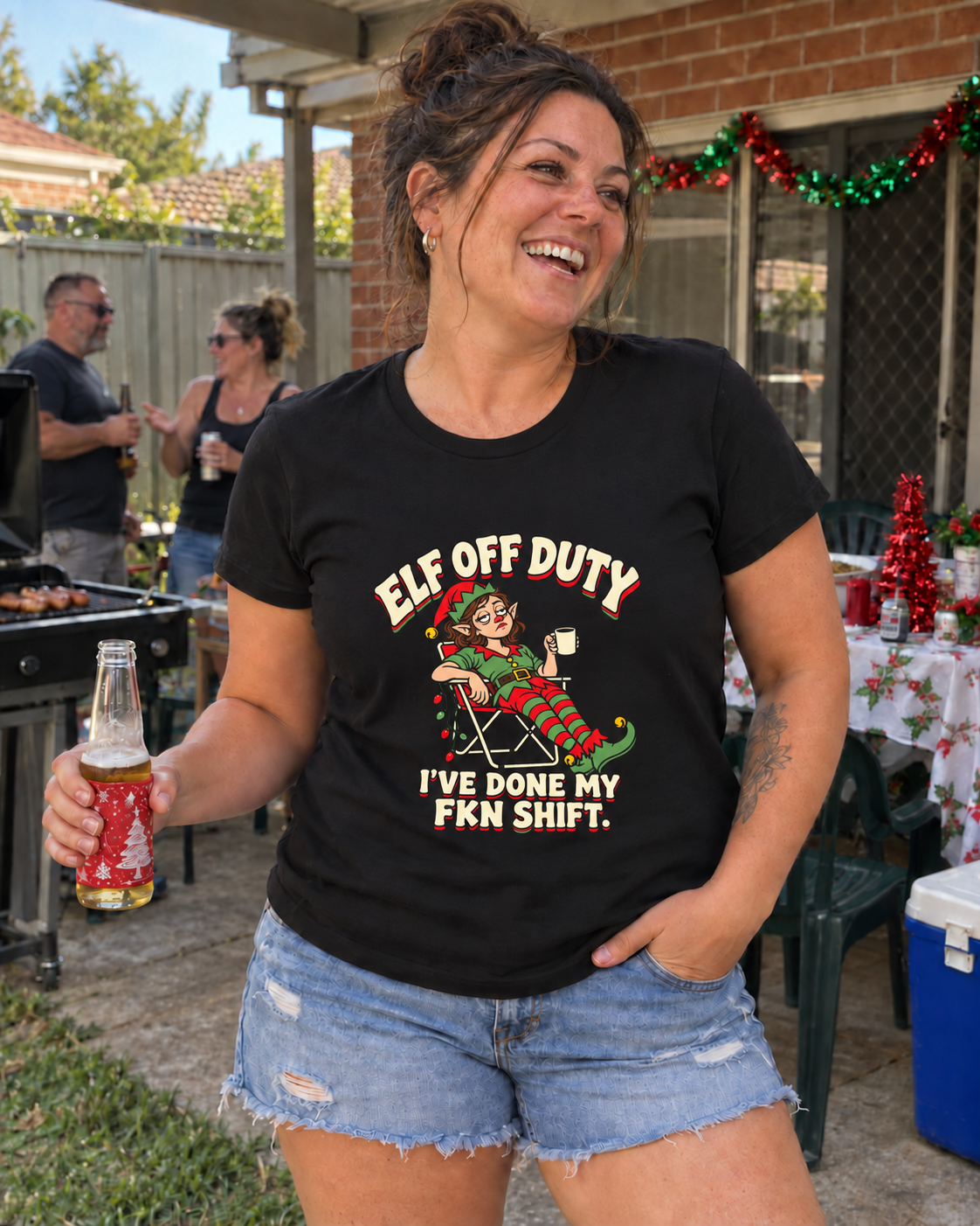 elf off duty womens black at an Australian Christmas BBQ — AI-generated styling mockup