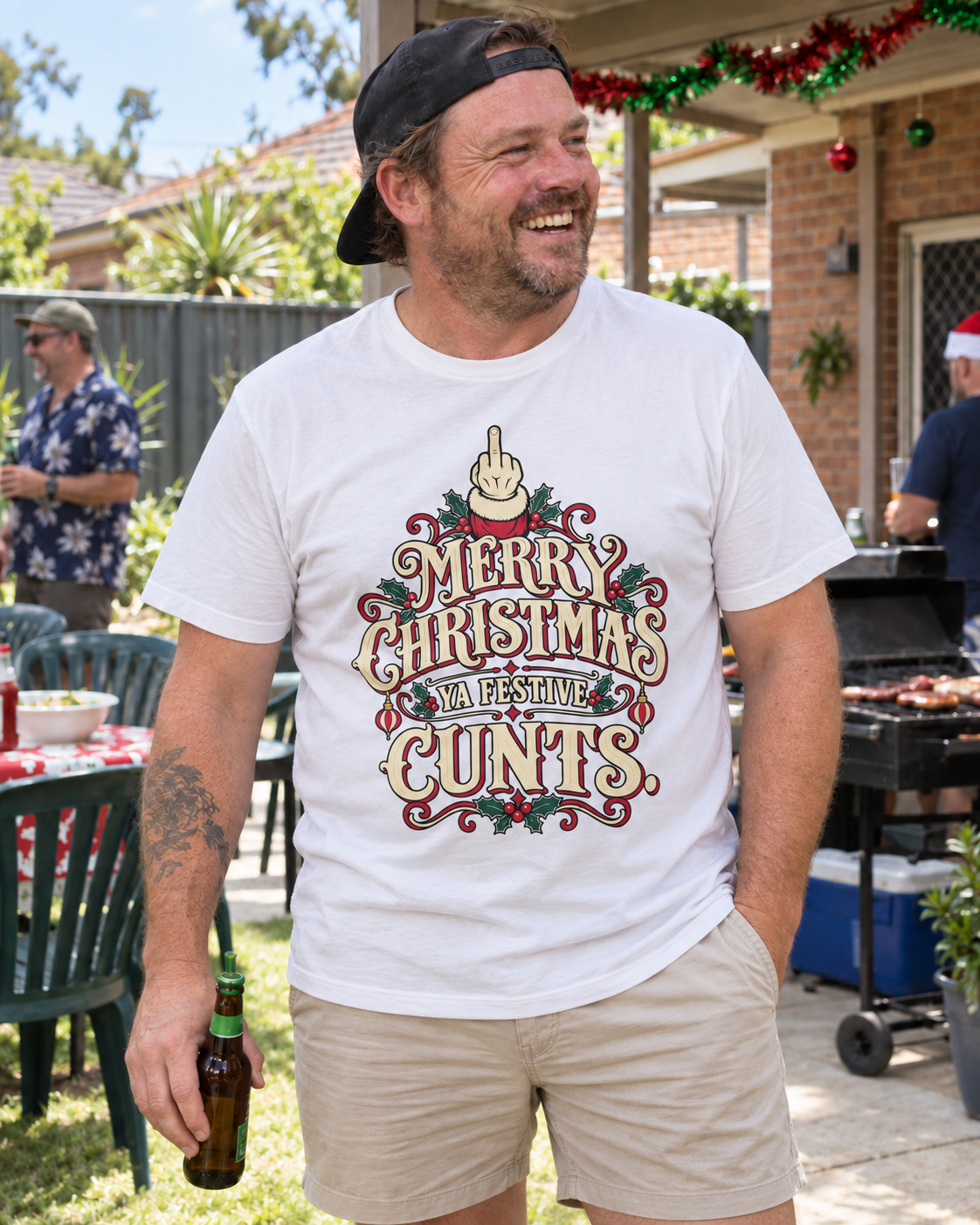 festive cunts mens white at an Australian Christmas BBQ — AI-generated styling mockup