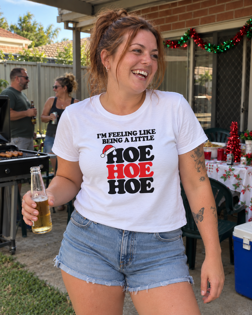 hoe hoe hoe womens crop white at an Australian Christmas BBQ — AI-generated styling mockup