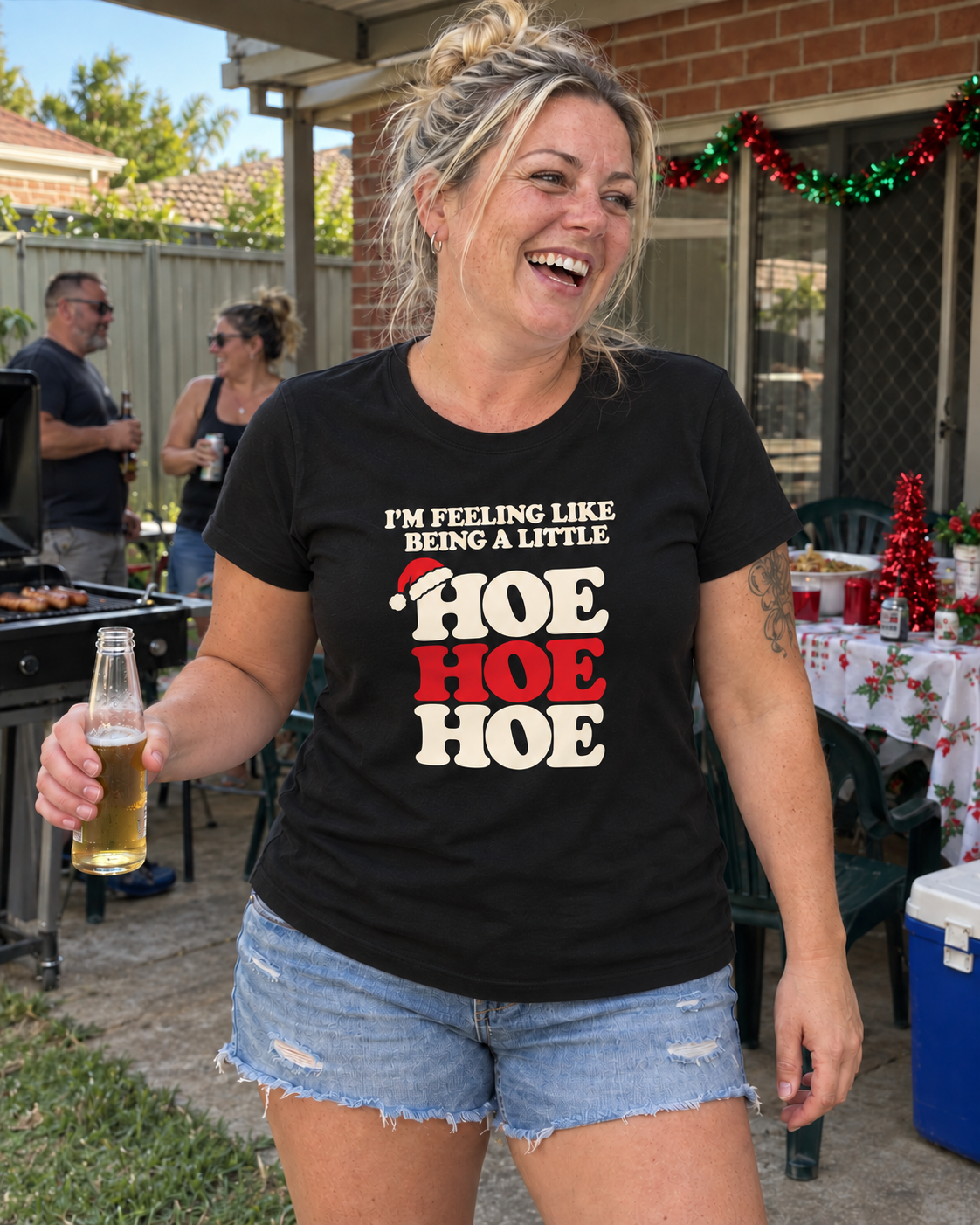 hoe hoe hoe womens maple black at an Australian Christmas BBQ — AI-generated styling mockup