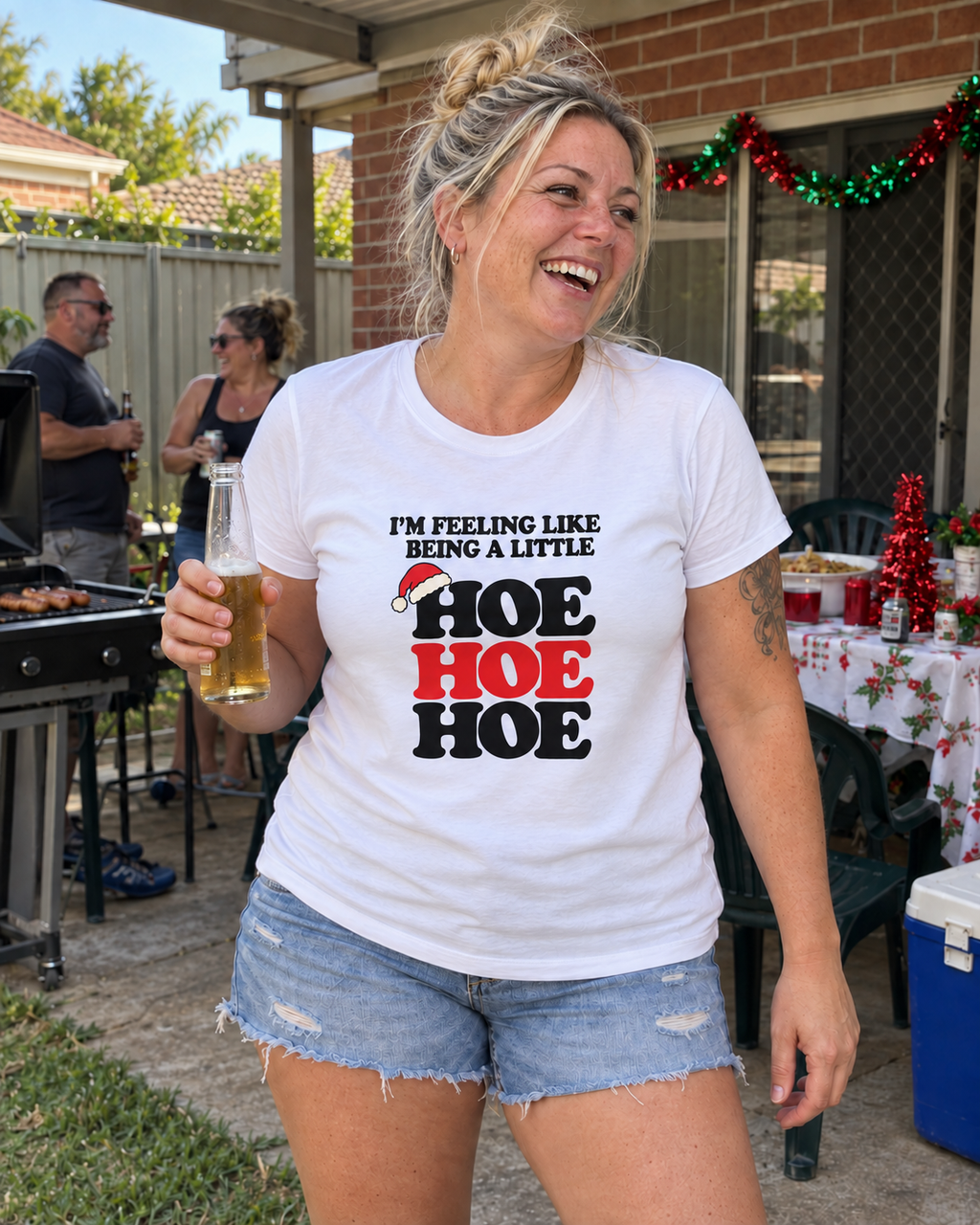 hoe hoe hoe womens maple white at an Australian Christmas BBQ — AI-generated styling mockup