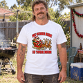 Man wearing a white My Other Ride Is Your Mum tee with red lettering and a cartoon Santa sleigh and two reindeer.