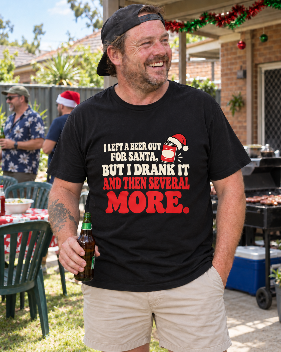 santa beer mens black at an Australian Christmas BBQ — AI-generated styling mockup