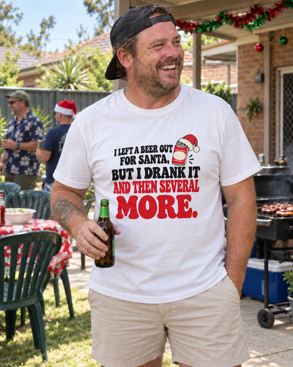 santa beer mens white at an Australian Christmas BBQ — AI-generated styling mockup