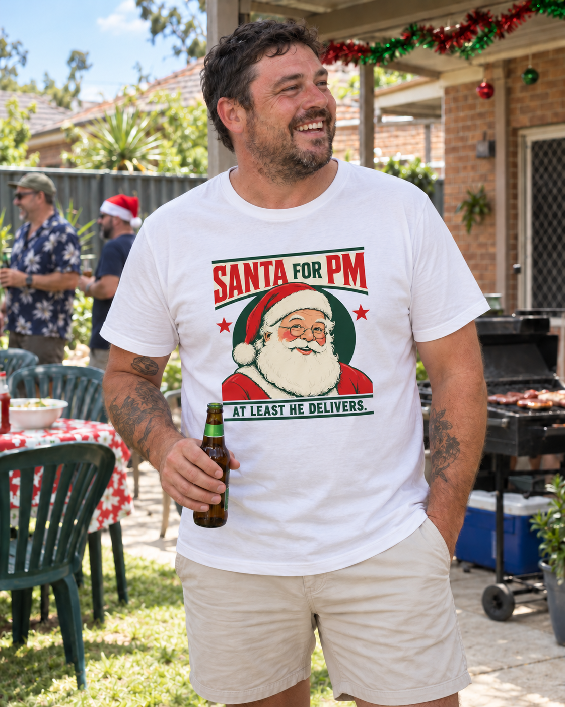 santa for pm mens white at an Australian Christmas BBQ — AI-generated styling mockup