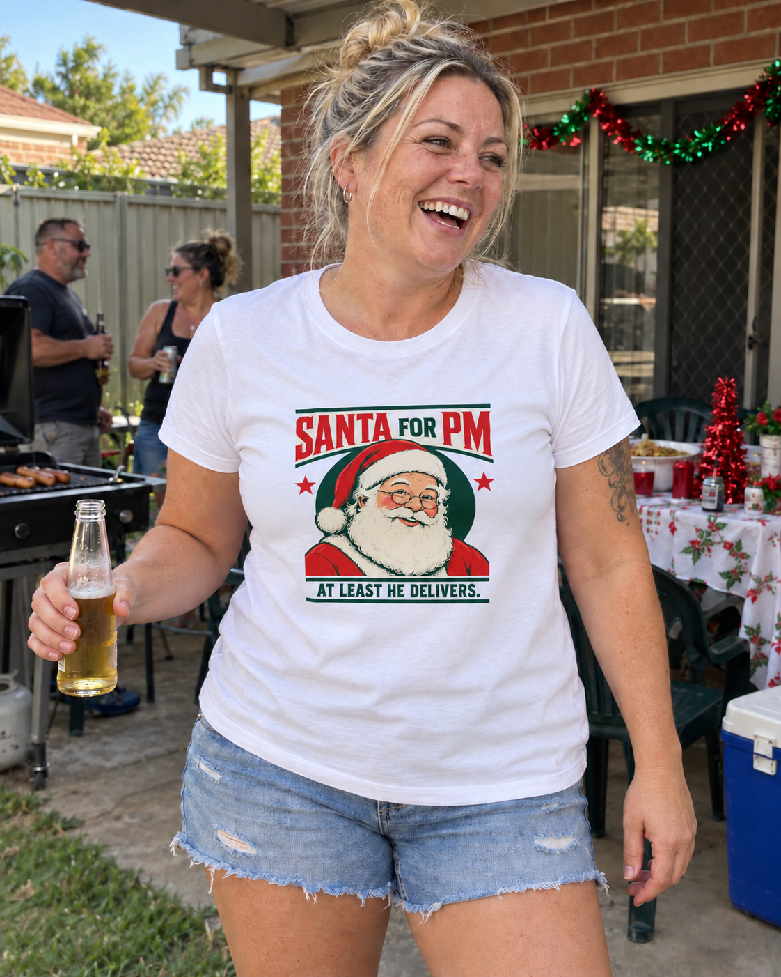 santa for pm womens white at an Australian Christmas BBQ — AI-generated styling mockup