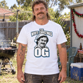 Man wearing The White Christmas OG white men's Staple tee at an Aussie backyard barbecue — AI styling mockup